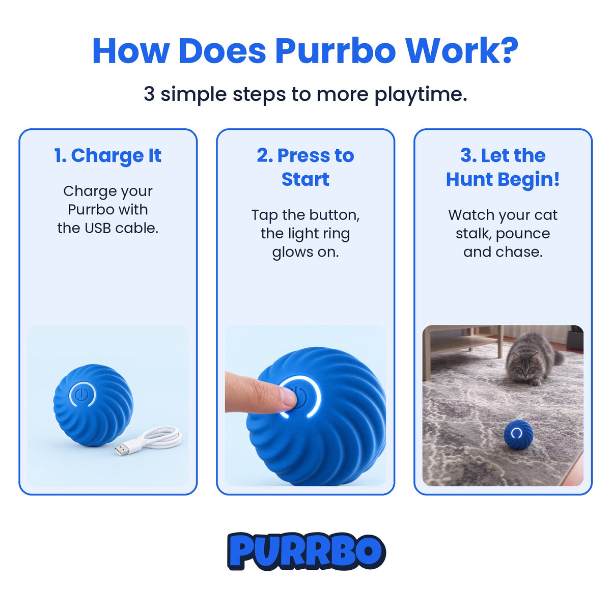 How Purrbo works in 3 steps: charge, press, let the hunt begin