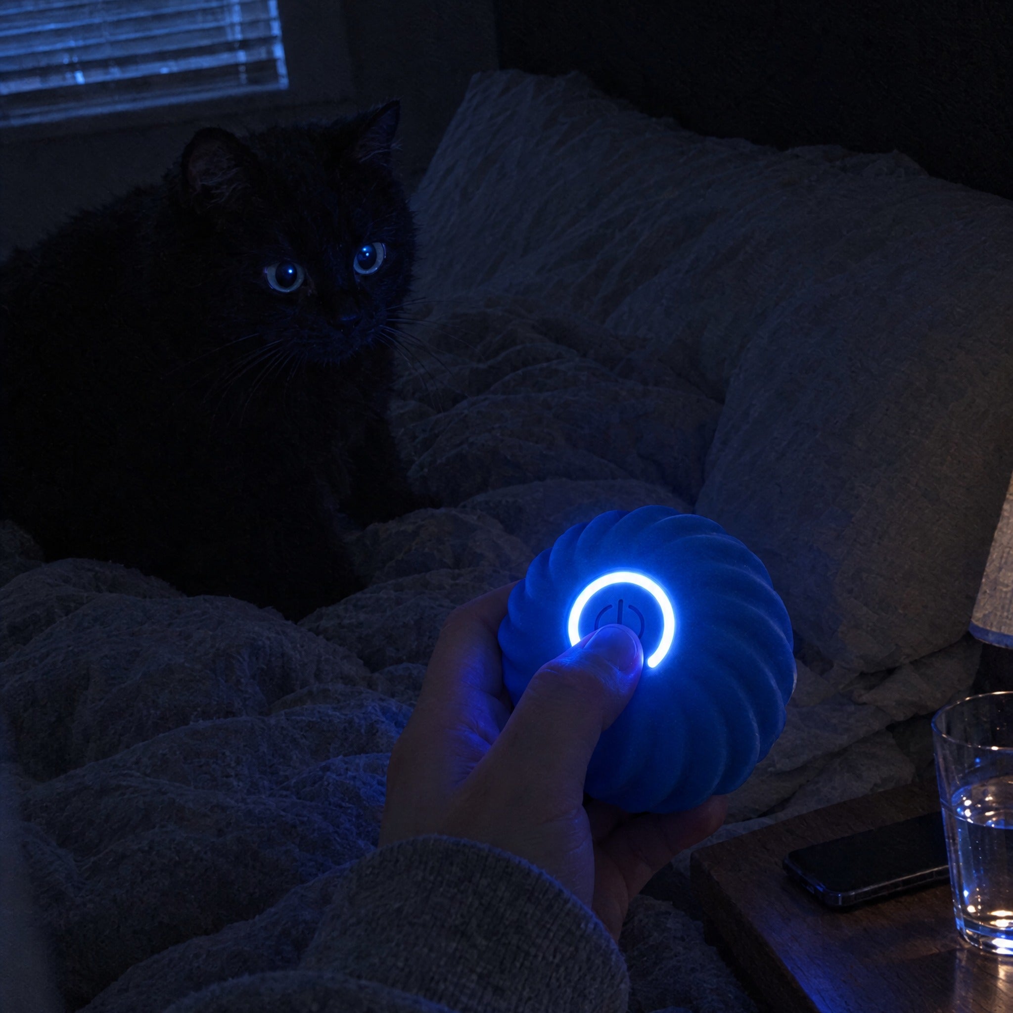 Purrbo ball glowing blue in the dark with a black cat watching