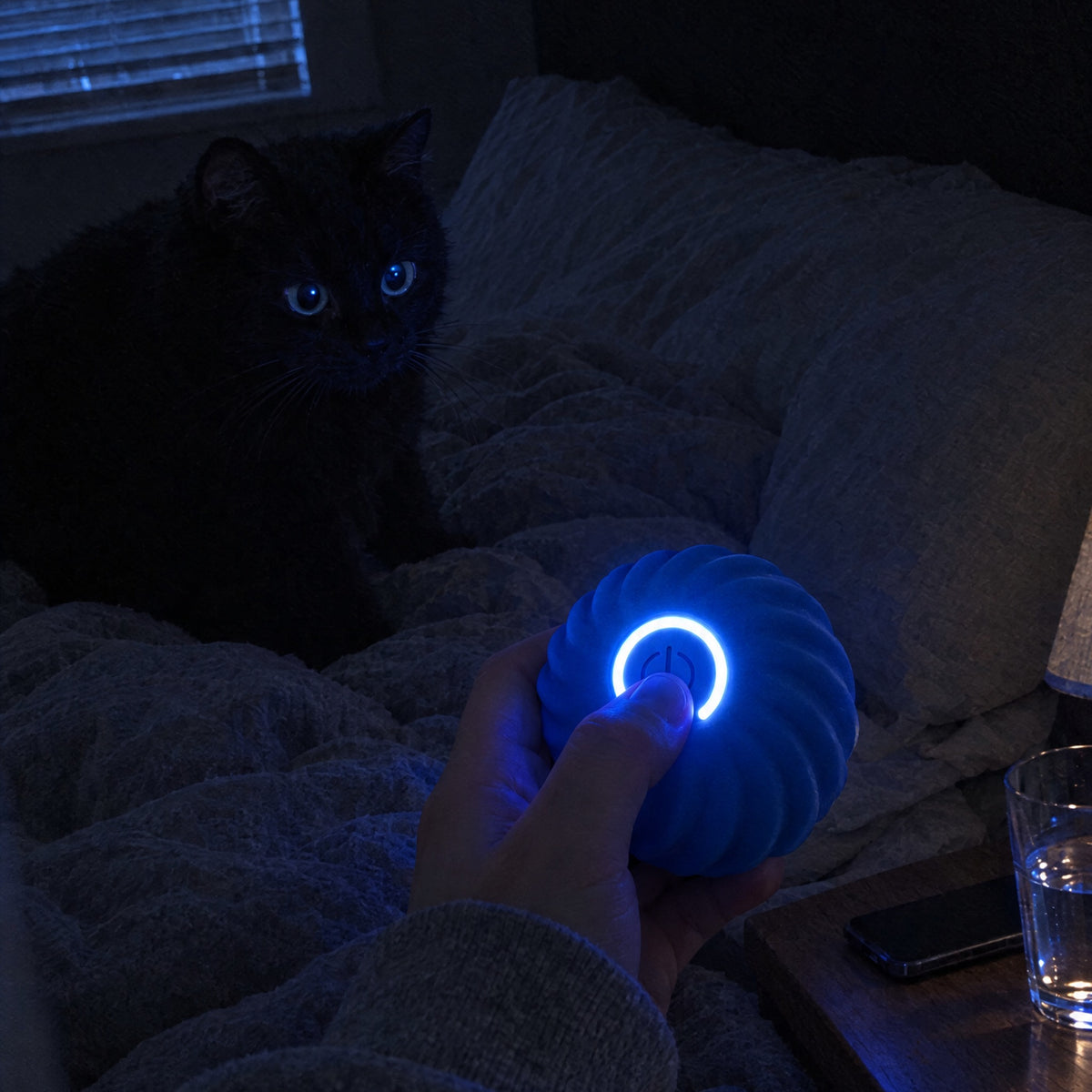 Purrbo ball glowing blue in the dark with a black cat watching