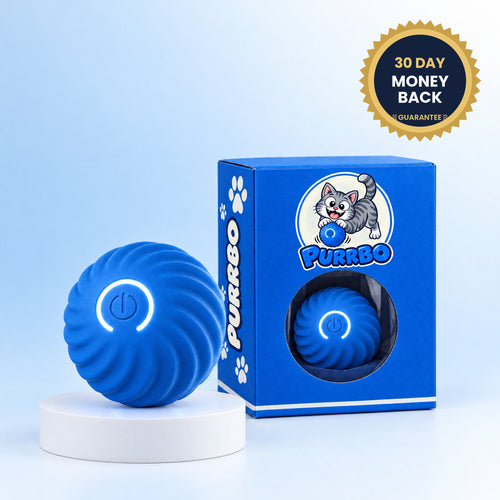 Purrbo smart cat ball and box with 30 day money back guarantee