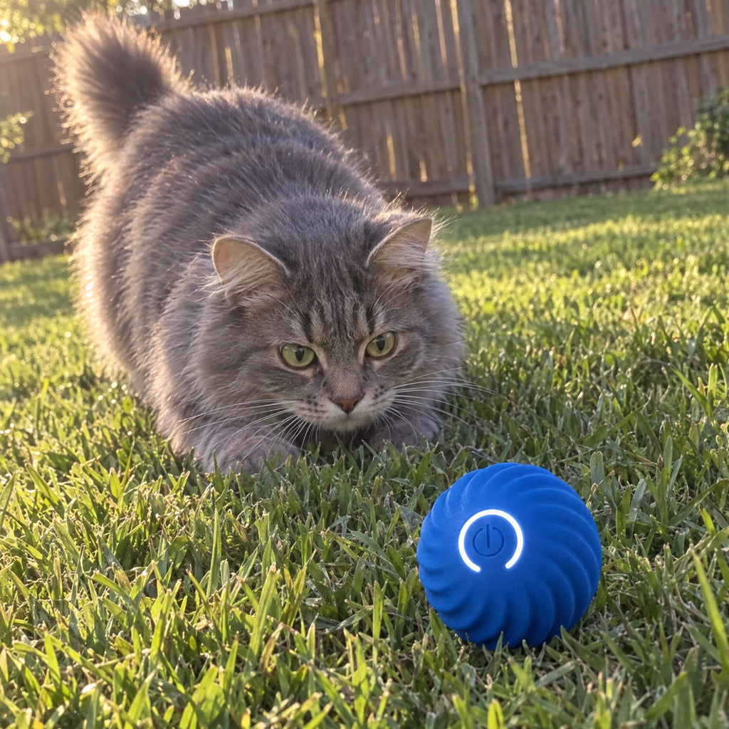 Cat crouching to pounce on the Purrbo ball on the grass