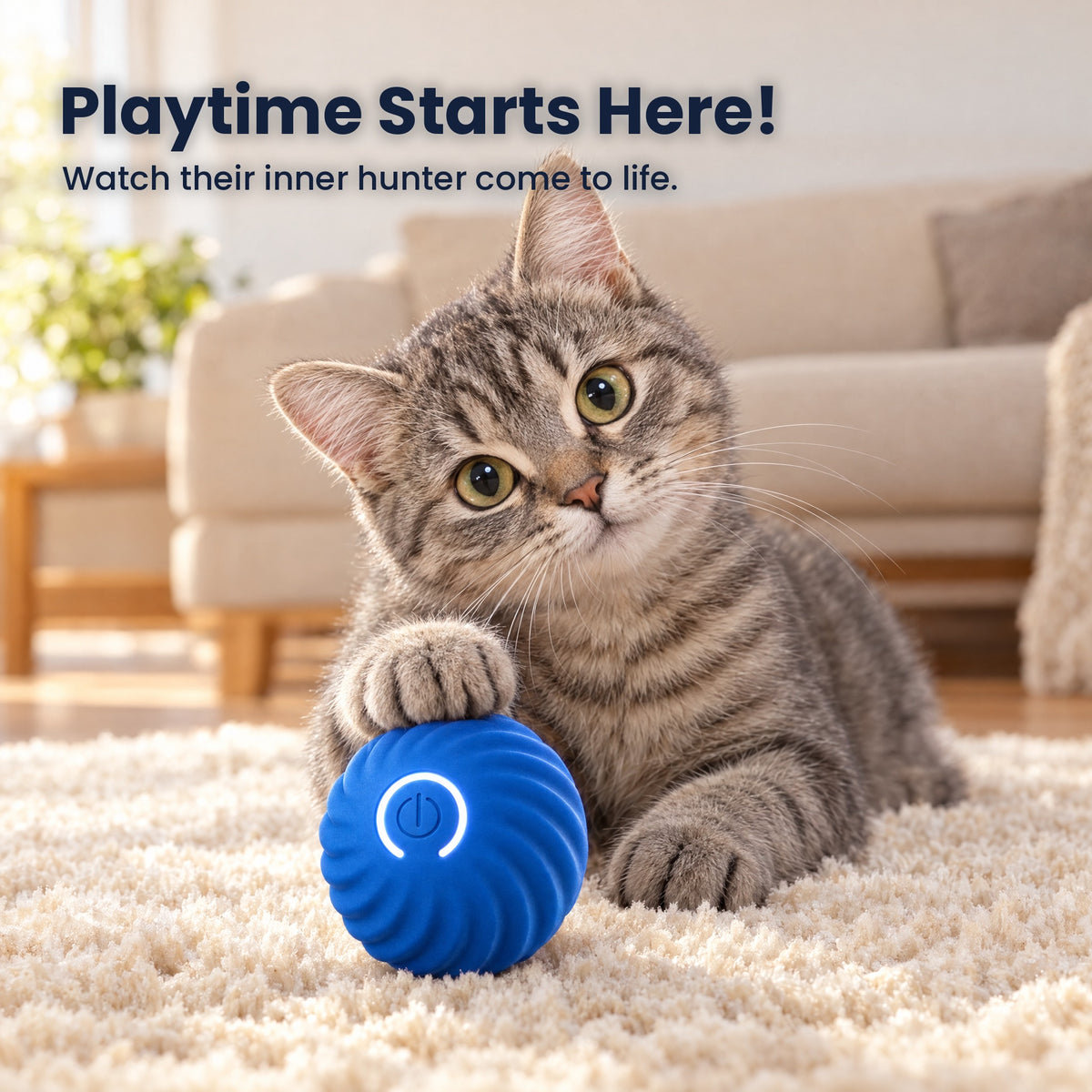 Tabby cat with its paw on the Purrbo ball - Playtime starts here